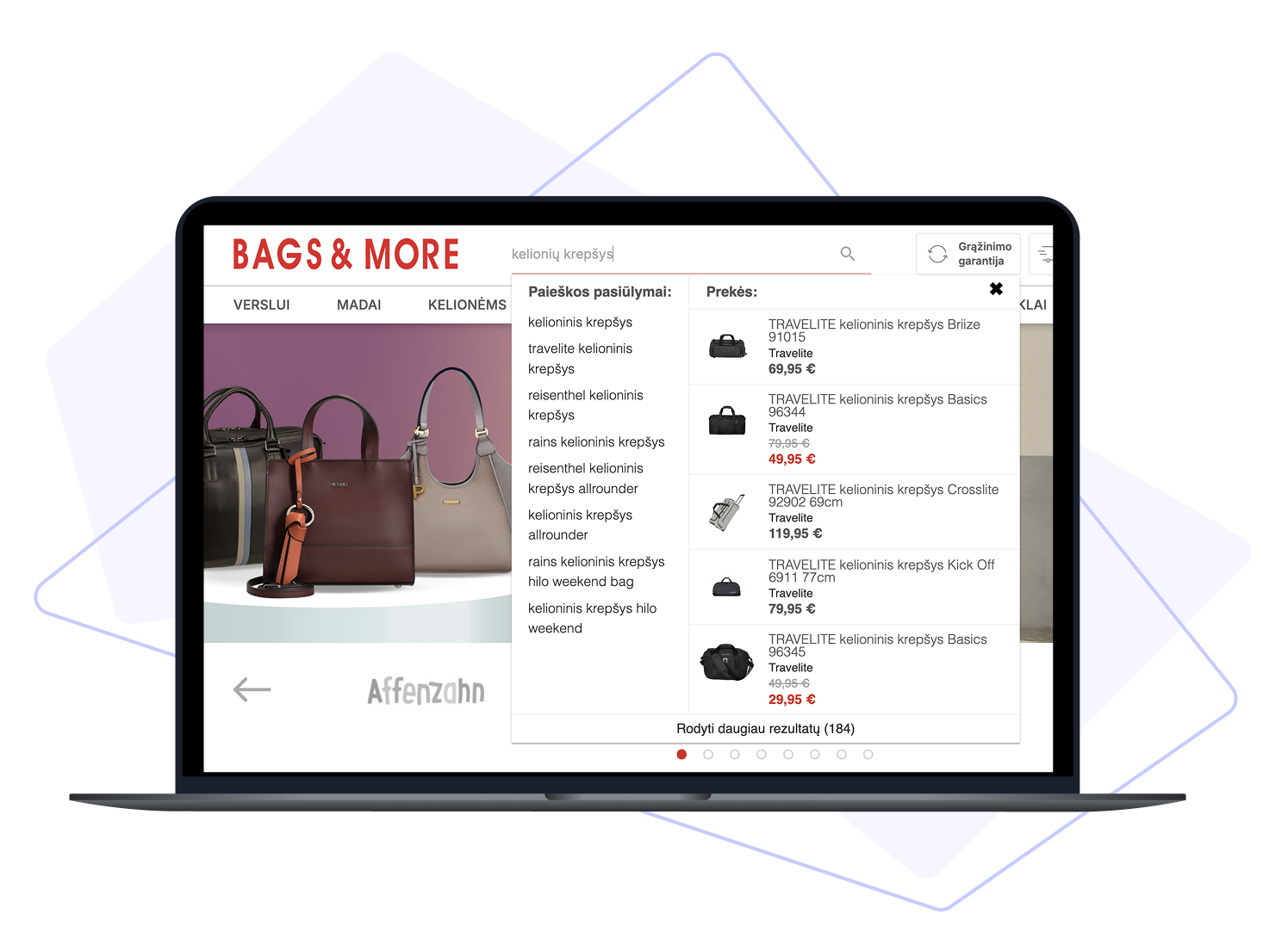 Bags&More case study - LupaSearch visual search reduces zero-result queries by 3x Laptop showing Bags&More online store using LupaSearch visual search results for handbags