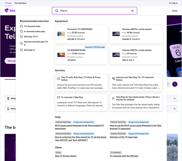 AI-powered search merging ecommerce and customer support content for a telecommunications website.