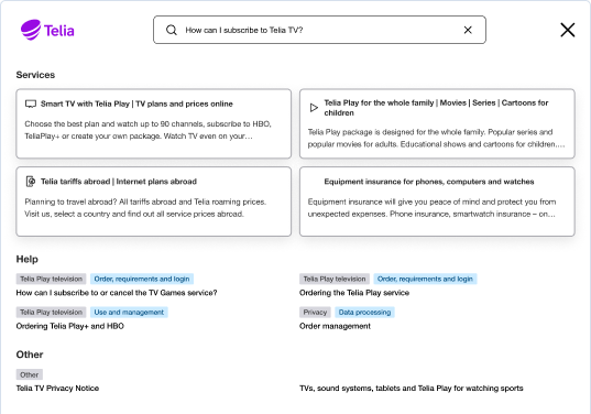 Telecom customer support search interface enabling self-service answers through AI-driven search.