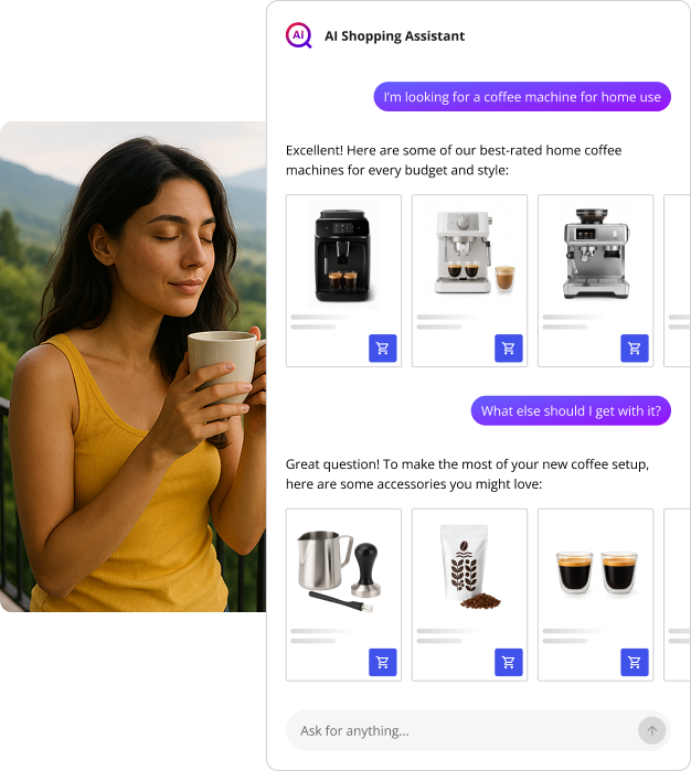 AI shopping assistant helping a customer choose the best home coffee machine and related accessories